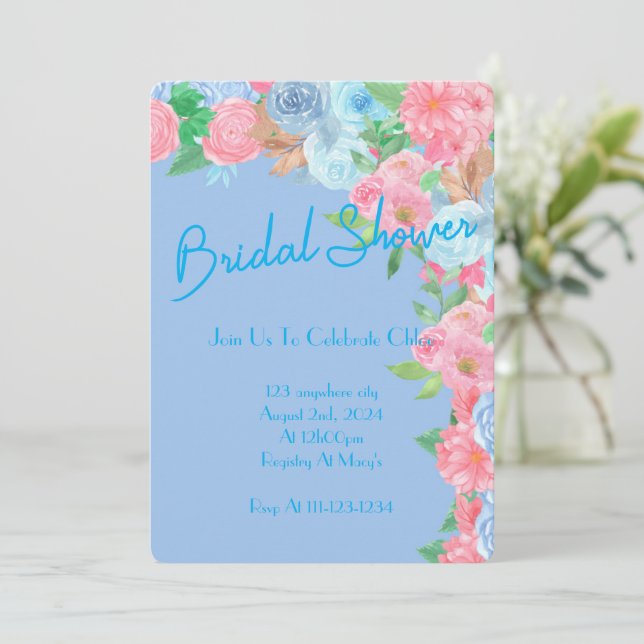 Floral pink blue bridal shower  save the date (Standing Front)