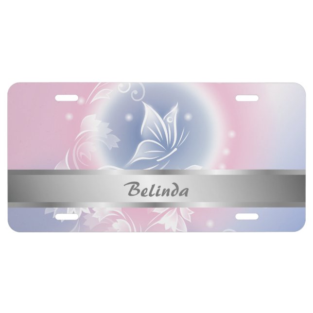 Floral Pink Blue Butterfly Fantasy Personalize License Plate (Front)