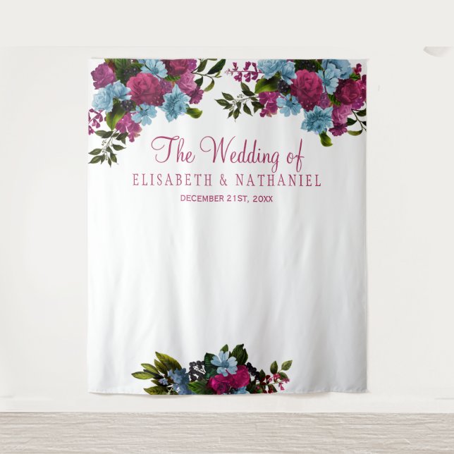 Floral pink blue chic wedding photo booth backdrop (Front)