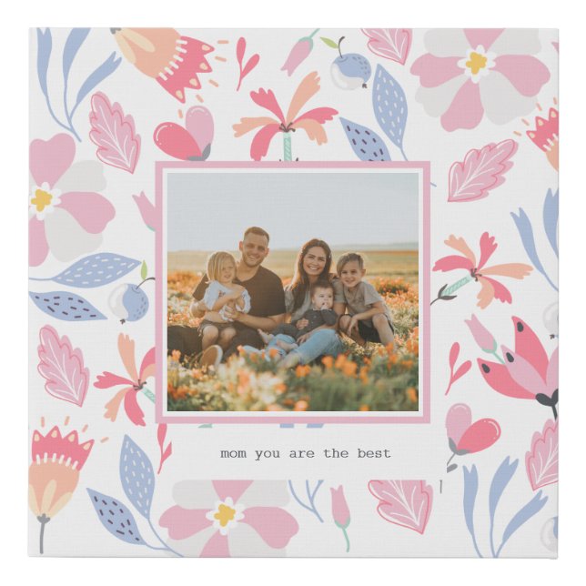 Floral Pink Blue Custom Photo Cute Mother's Day Faux Canvas Print (Front)