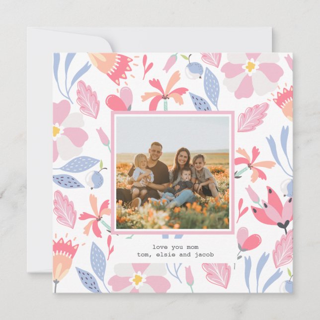 Floral Pink Blue Custom Photo Cute Mother's Day Note Card (Front)