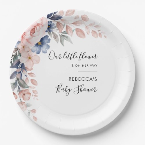 Floral Pink Blue Flowers Watercolor Baby Shower Paper Plates