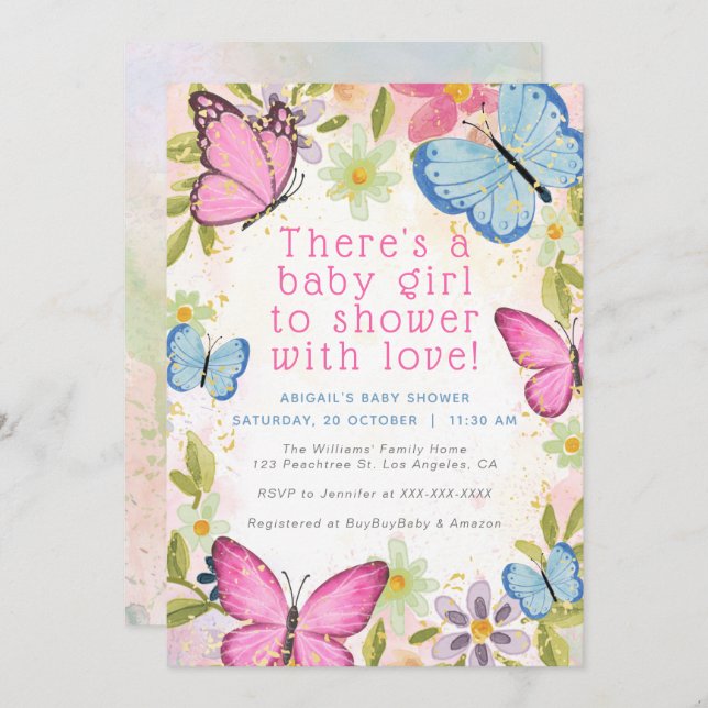 Floral Pink/Blue/Gold Butterflies Girl Baby Shower Invitation (Front/Back)