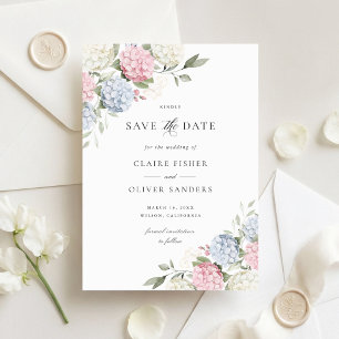 Floral Pink & Blue Hydrangea Wedding Save the Date Invitation