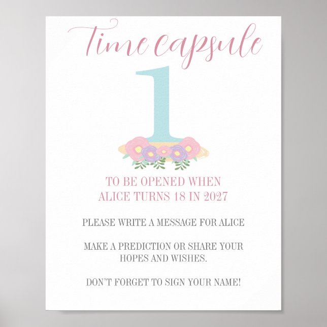 Floral pink blue Pastel 1st Birthday Time Capsule Poster (Front)