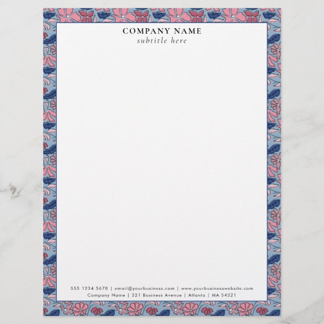 Floral Pink Blue Pattern Company Name Details Letterhead (Front)