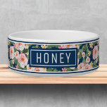 Floral Pink Blue Pattern Name Template Pet Bowl<br><div class="desc">Delicate Pink and Navy Blue Floral Pattern Personalized Pet Bowls with Name Template: Stylish, Trendy, and Adorable! Our custom-designed bowls feature a flower pattern in pink, navy blue, green, and white, perfect for both cats and dogs. Personalize with your pet's name for a unique touch. These preppy and cute bowls...</div>