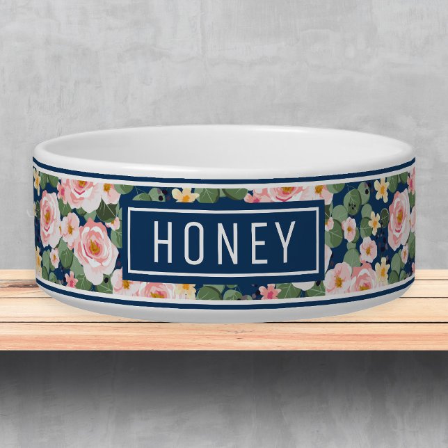 Floral Pink Blue Pattern Name Template Pet Bowl (Creator Uploaded)