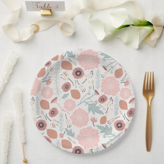Floral Pink Blue Pattern Paper Plates (Wedding)
