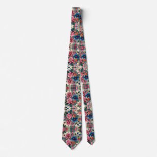 Floral Pink Blue Plaid Monogrammed  Neck Tie