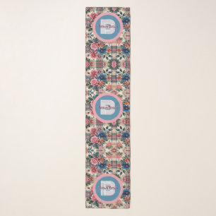 Floral Pink Blue Plaid Monogrammed Scarf
