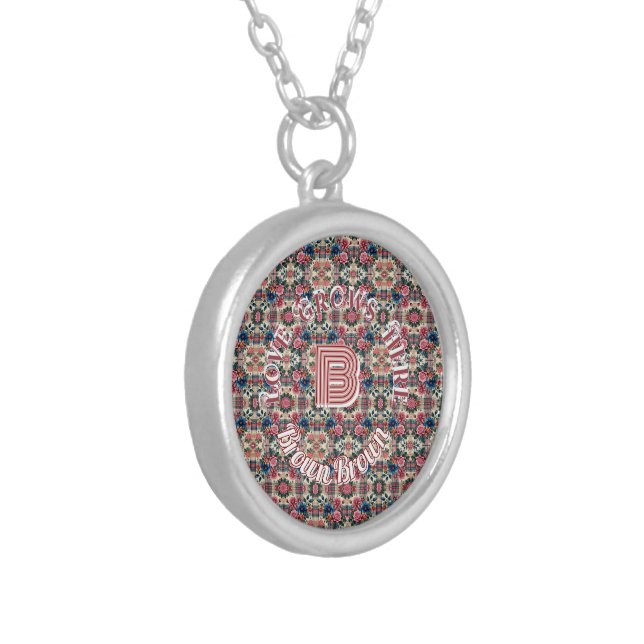 Floral Pink Blue Plaid Monogrammed  Silver Plated Necklace (Front Left)