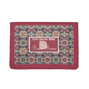 Floral Pink Blue Plaid Monogrammed Tri-fold Wallet