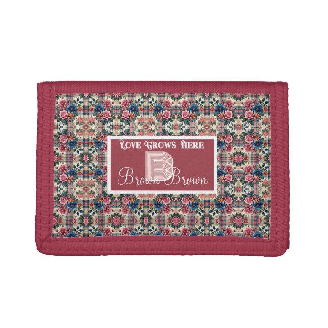 Floral Pink Blue Plaid Monogrammed  Trifold Wallet (Front)