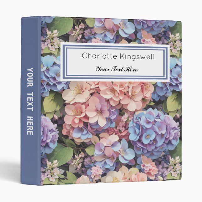 Floral pink, blue & purple hydrangeas custom 3 ring binder (Front/Spine)