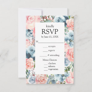 Floral Pink Blue Roses Menu Choices RSVP Card