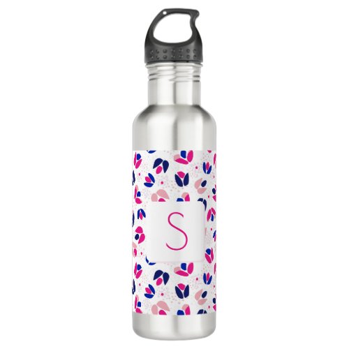 Floral Pink Blue Tulip Personalized Initial Stainless Steel Water Bottle