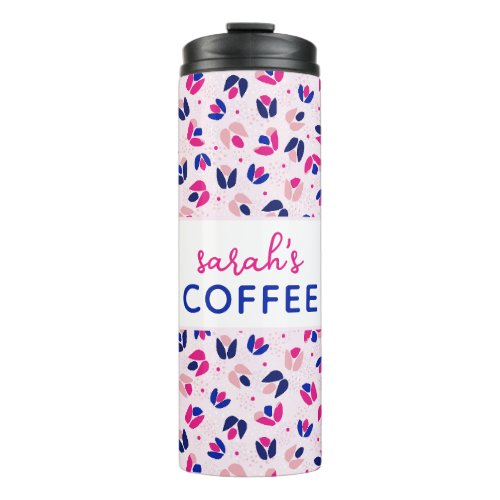 Floral Pink Blue Tulip Personalized Name Coffee Thermal Tumbler