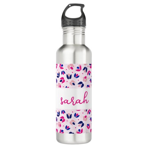 Floral Pink Blue Tulip Personalized Name Stainless Steel Water Bottle
