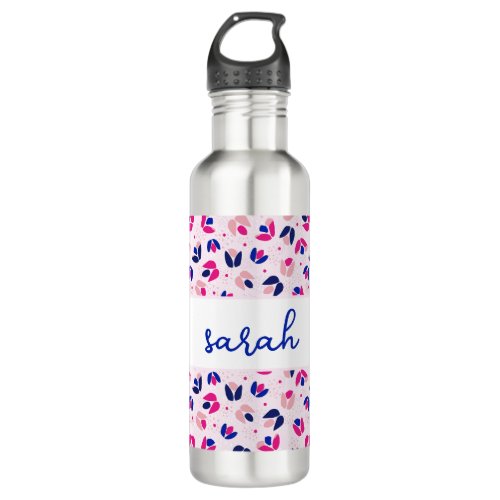 Floral Pink Blue Tulip Personalized Name Stainless Steel Water Bottle