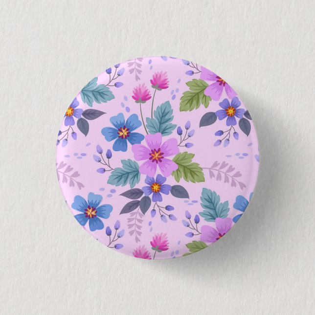 Floral Pink Blue Violet Flowers Pattern-36841 Button (Front)