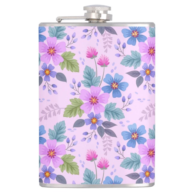 Floral Pink Blue Violet Flowers Pattern-36841 Flask (Front)