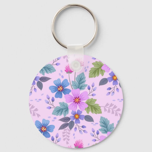 Floral Pink Blue Violet Flowers Pattern-36841 Keychain (Front)