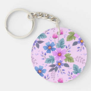 Floral Pink Blue Violet Flowers Pattern-36841 Keychain