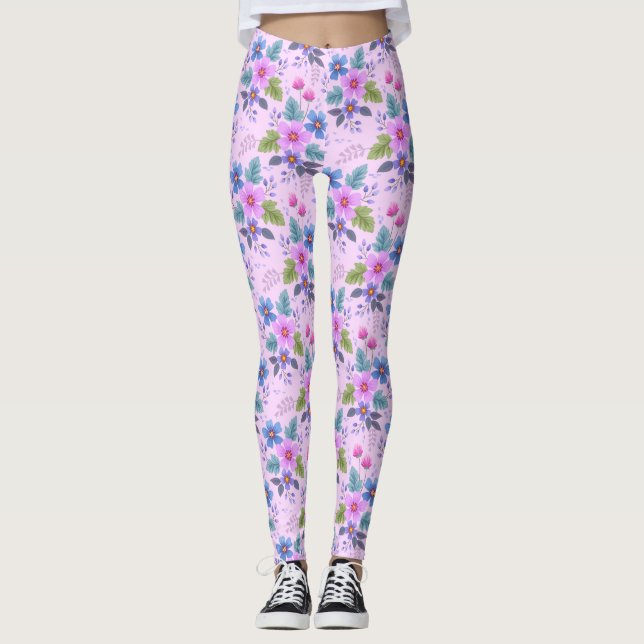 Floral Pink Blue Violet Flowers Pattern-36841 Leggings (Front)