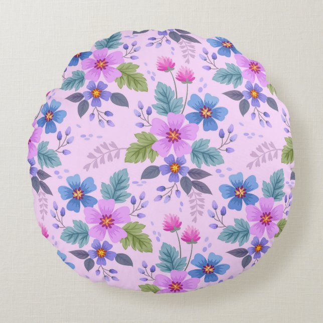 Floral Pink Blue Violet Flowers Pattern-36841 Round Pillow (Front)
