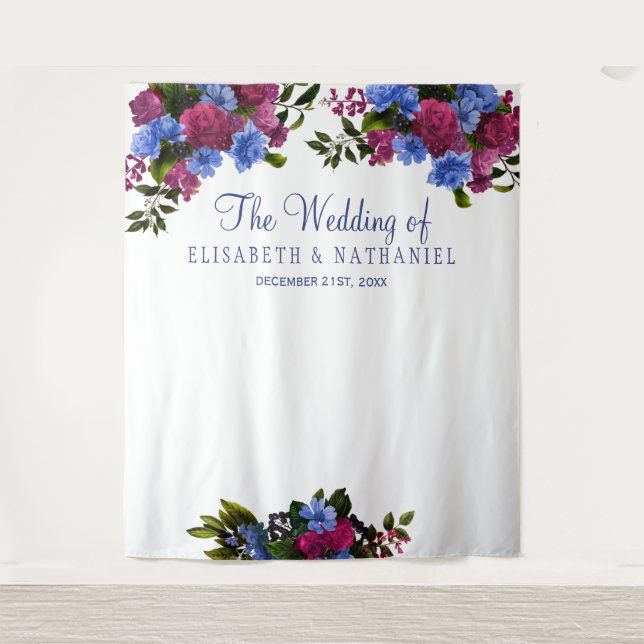 Floral pink blue wedding photo booth backdrop (Front)