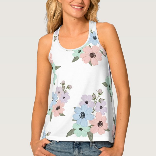 Floral Pink & Blue Women’s Tank Top – Stylish Summ (Front)