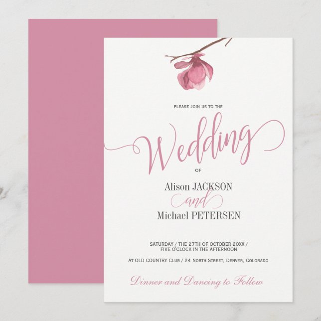 Floral pink blush and white wedding modern script invitation (Front/Back)