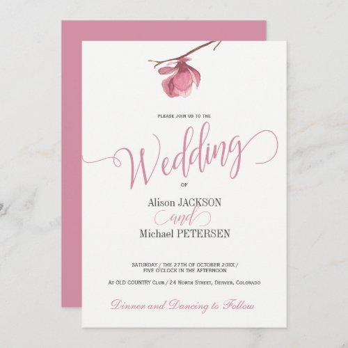 Floral pink blush and white wedding modern script invitation