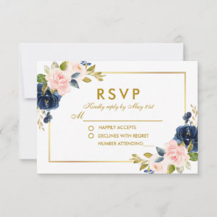 Floral Pink Blush Blue Wedding RSVP Gold Card