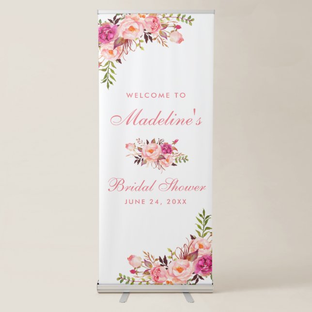 Floral Pink Blush Bridal Shower Welcome Retractable Banner (Front)