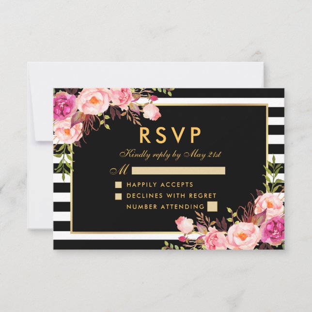 Floral Pink Blush Gold Black RSVP Wedding Card (Front)