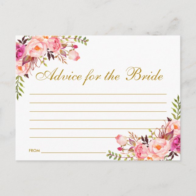 Floral Pink Blush Gold Bridal Shower Advice Card L (Front)