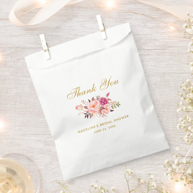 Floral Pink Blush Gold Bridal Shower Thanks Favor Bag (Clipped)