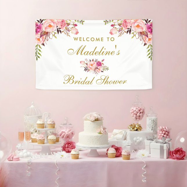 Floral Pink Blush Gold Bridal Shower Welcome Banner (Customize to change text size, style or color.)