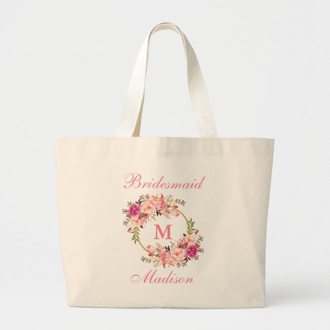 Floral Pink Blush Gold Circle Monogram Bridesmaid Large Tote Bag (Front)