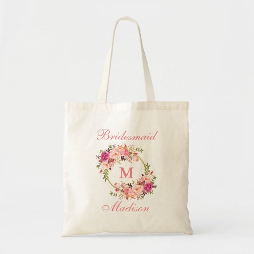 Floral Pink Blush Gold Circle Monogram Bridesmaid Tote Bag
