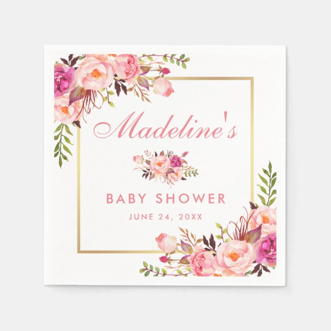 Floral Pink Blush Gold Frame Baby Shower Napkins (Front)