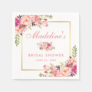 Floral Pink Blush Gold Frame Bridal Shower Napkins