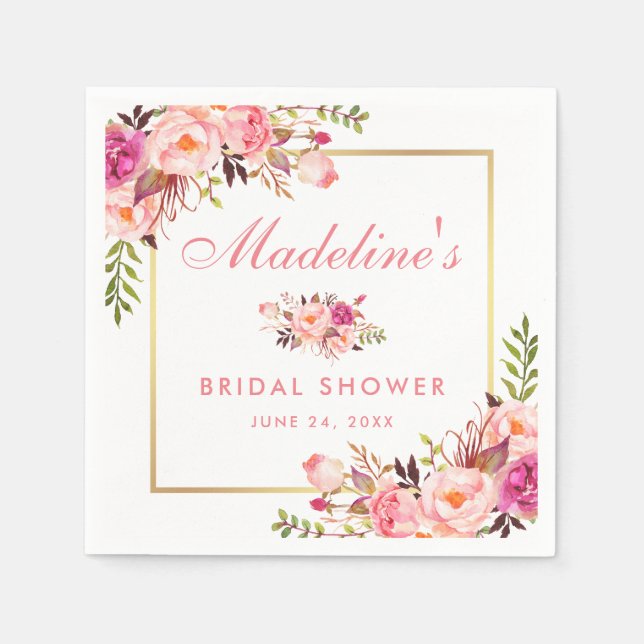 Floral Pink Blush Gold Frame Bridal Shower Napkins (Front)