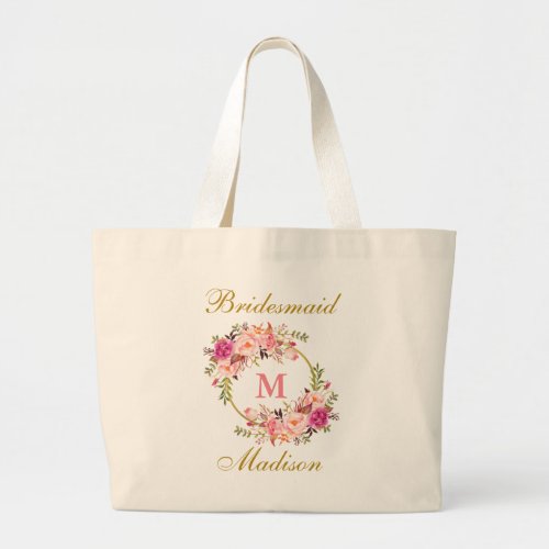 Floral Pink Blush Gold Monogram Bridesmaid Large Tote Bag