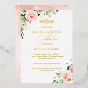 Floral Pink Blush Gold Quinceanera Foil Invitation