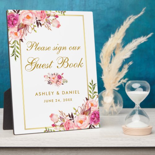 Floral Pink Blush Gold Wedding Guest Book Plaque
