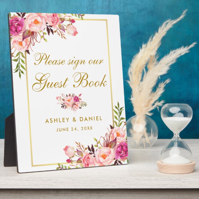 Floral Pink Blush Gold Wedding Guest Book Plaque (Side)