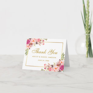 Floral Pink Blush Gold Wedding Thanks Note Letterpress Thank You Card